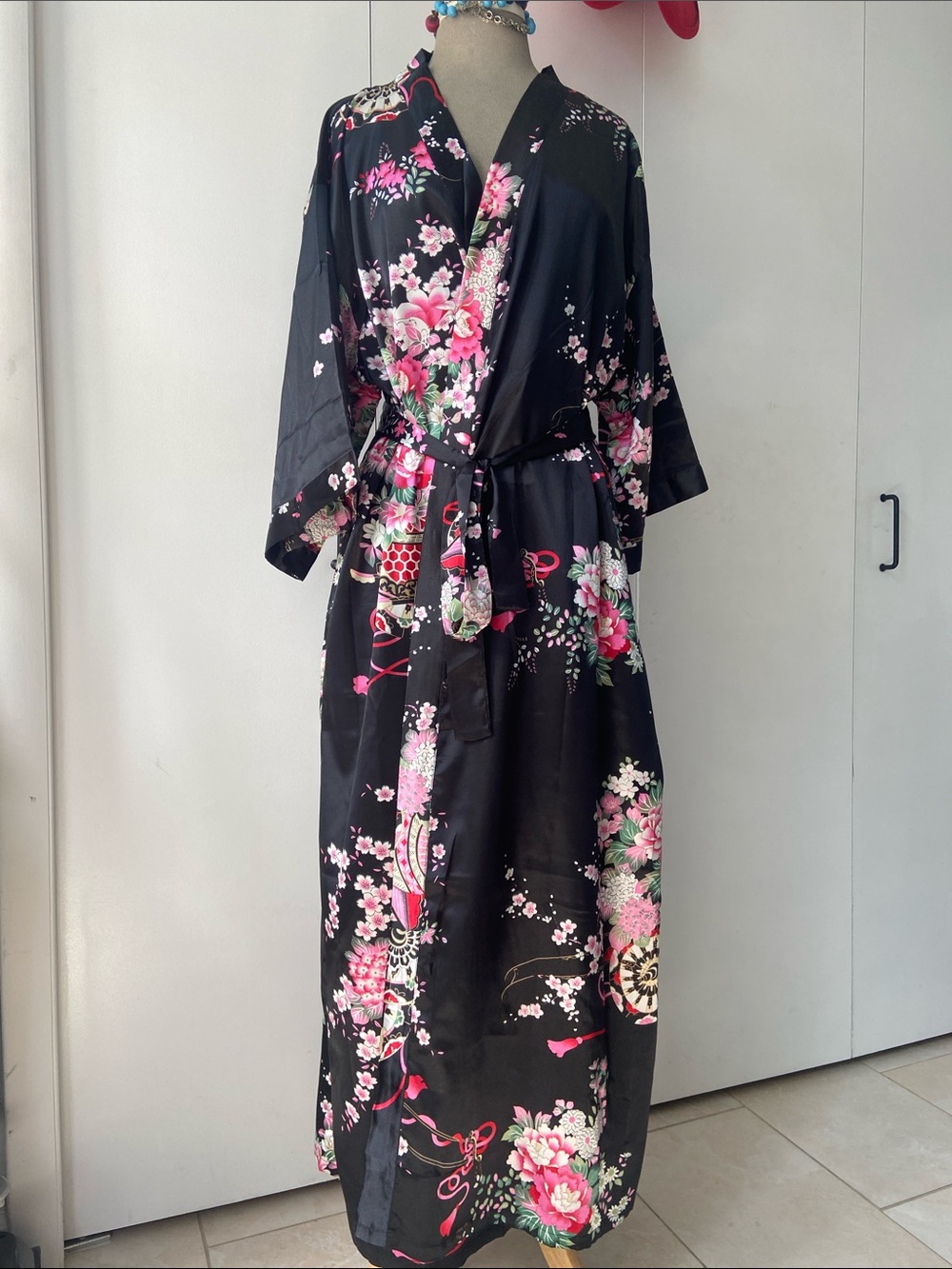 Black Floral Kimono with Pink Blossoms